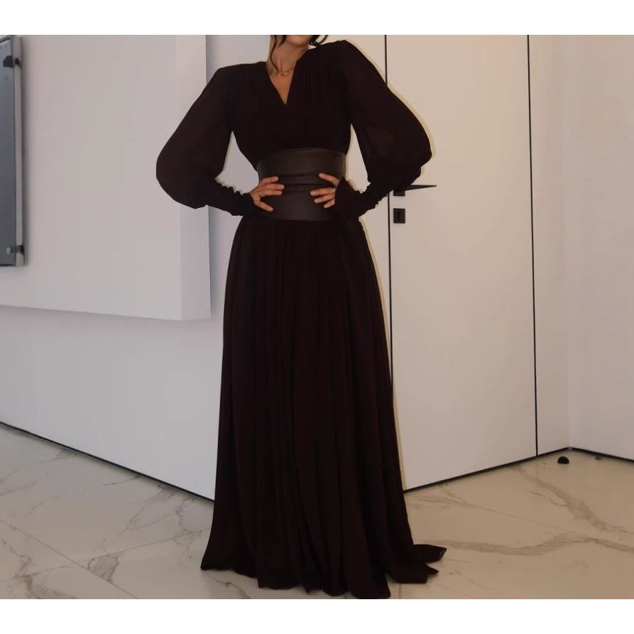 Elegant Black Gown with Waist Belt and High Slit