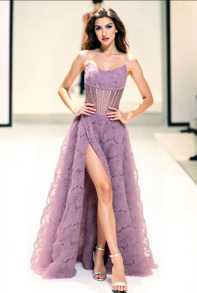 Lavender Floral Corset Evening Gown