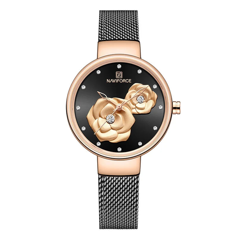 Elegant NAVIFORCE Floral Design Watch with Mesh Band for Women