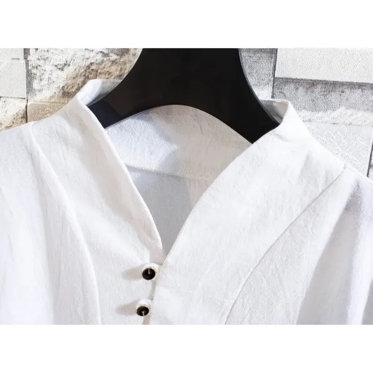 قميص رجالي من القطن والكتان بأكمام قصيرة