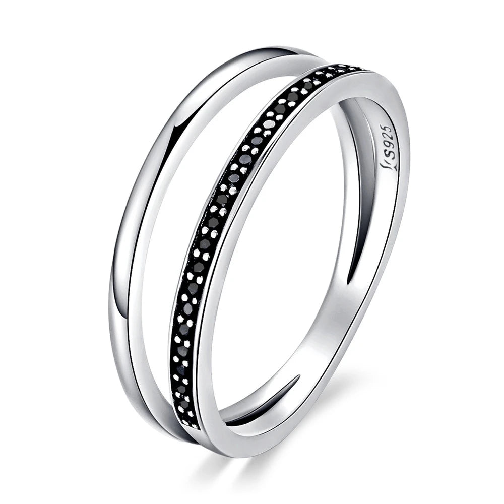 Genuine Double Circle Black Clear CZ Stackable Finger Ring