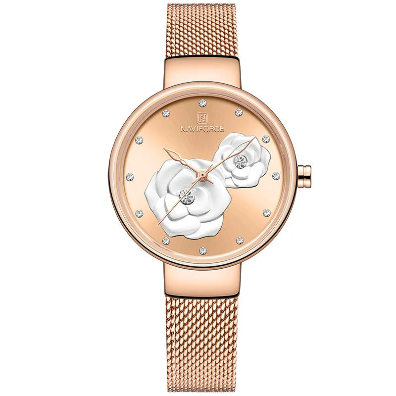 Elegant NAVIFORCE Floral Design Watch with Mesh Band for Women