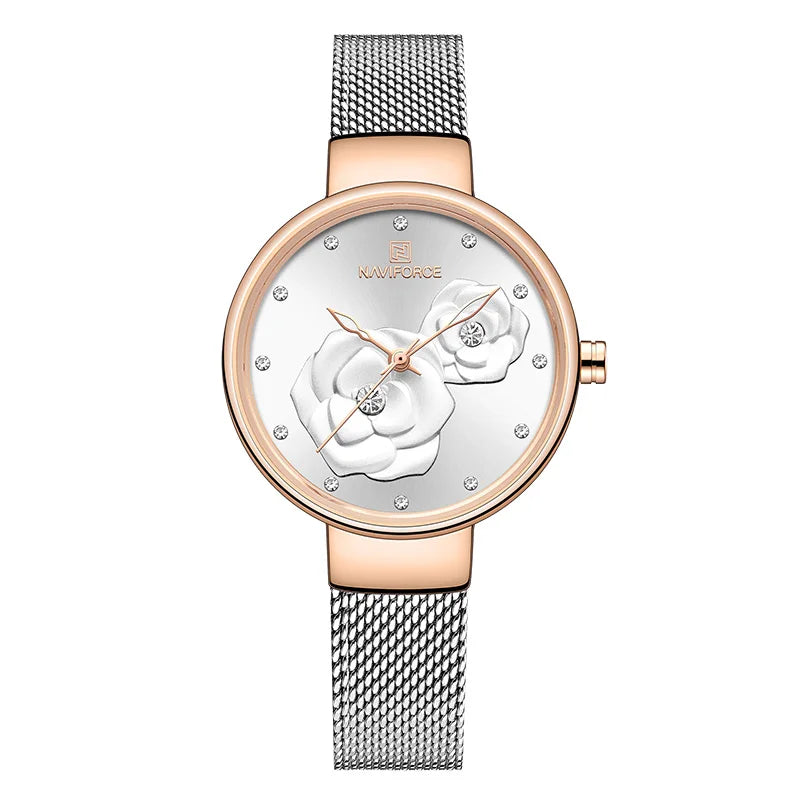 Elegant NAVIFORCE Floral Design Watch with Mesh Band for Women