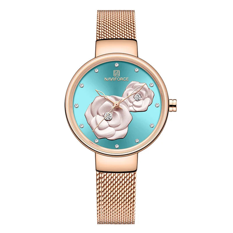 Elegant NAVIFORCE Floral Design Watch with Mesh Band for Women
