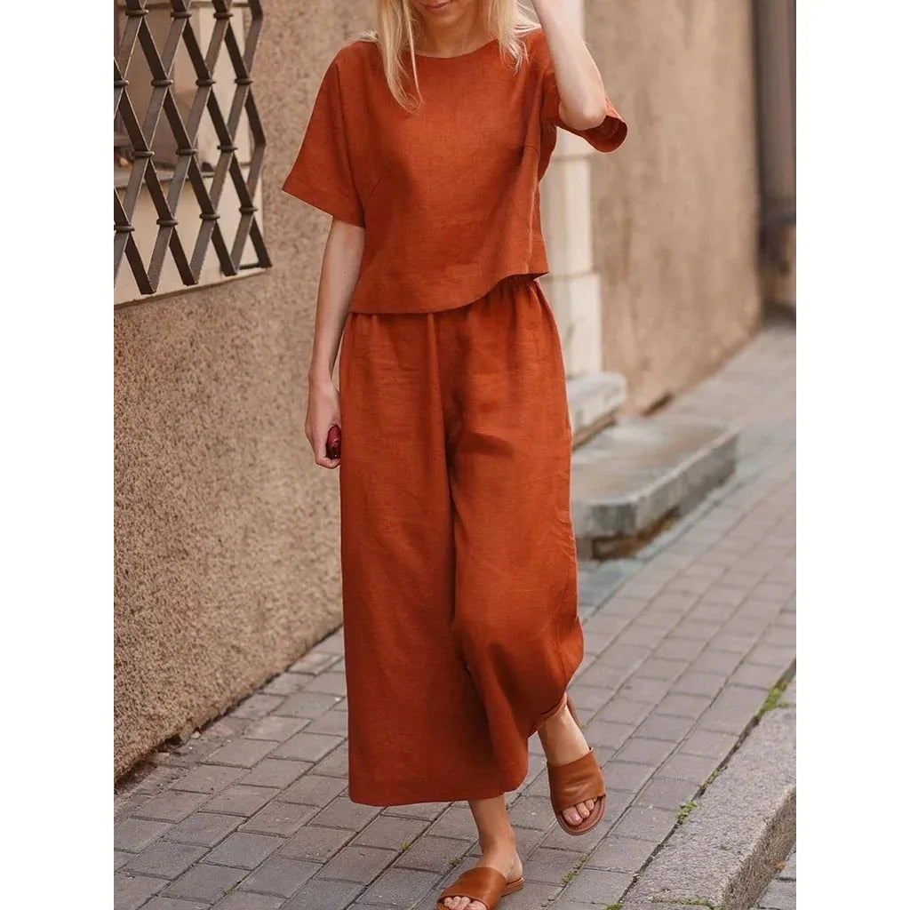 2025 Short Sleeve Shirt Top Wide Leg Pants Two Piece Set