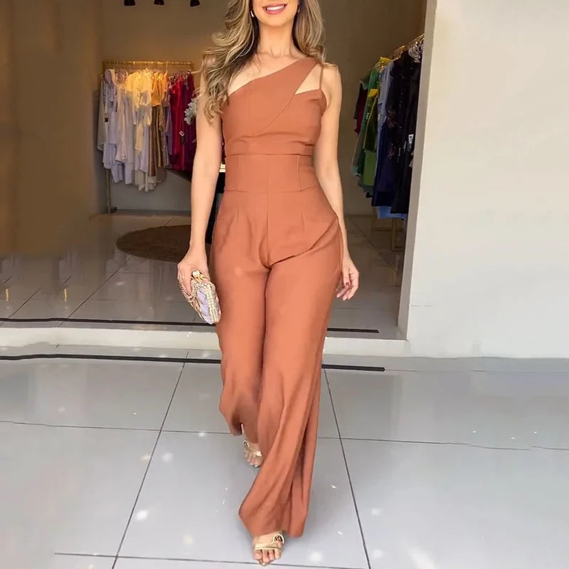 One Shoulder Hollow Out Sleeveless Solid Nipped Waist Loose Pantse