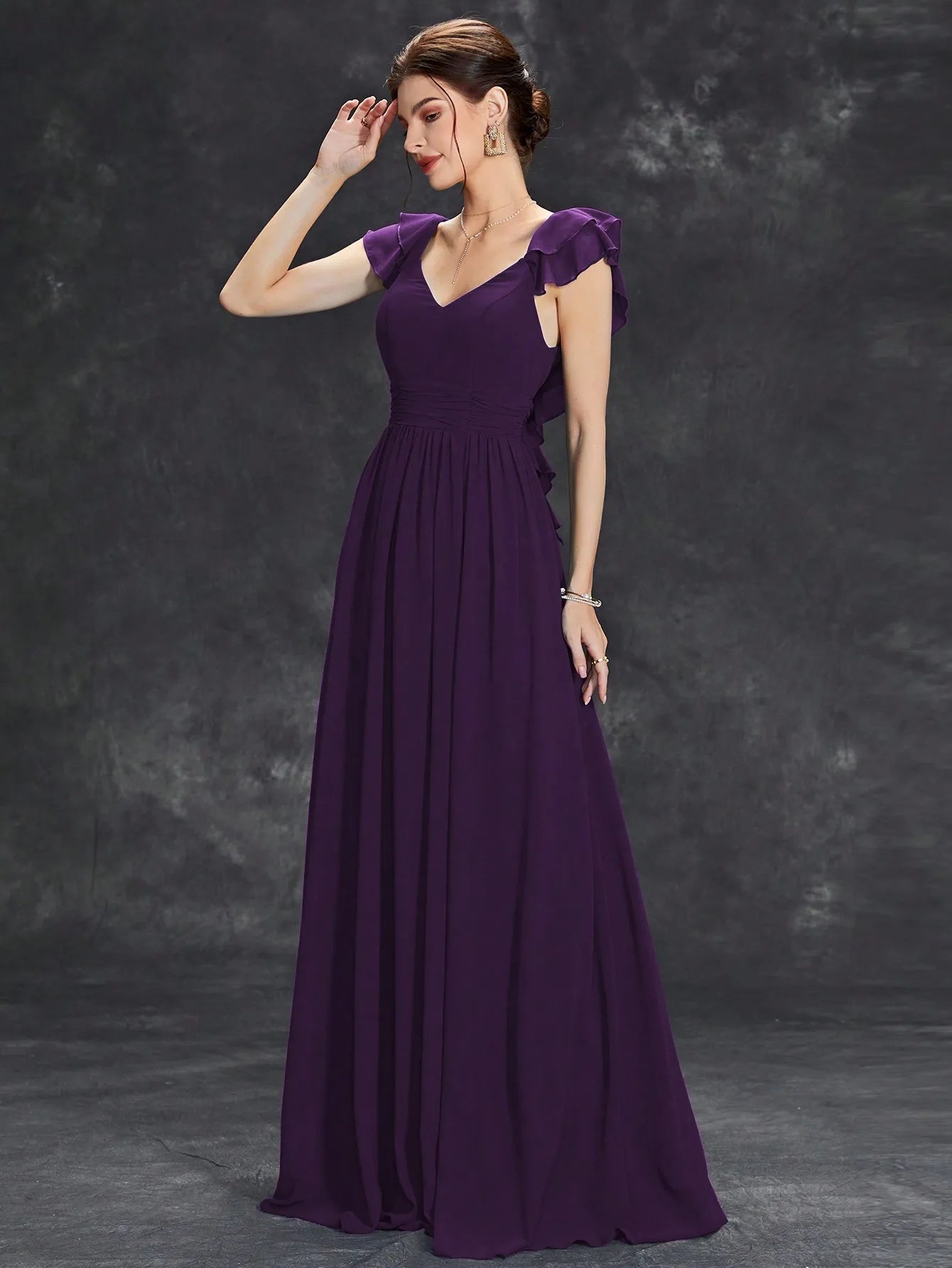 Elegant Deep Blue V-Neck Gown with Flutter Sleeves