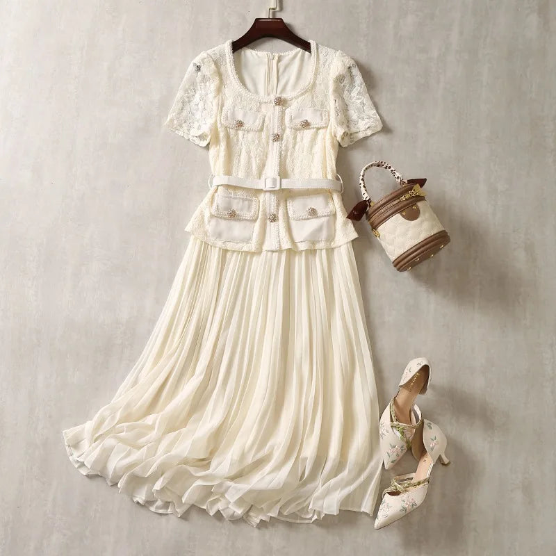 Elegant Cream Lace Top & Pleated Midi Skirt Set
