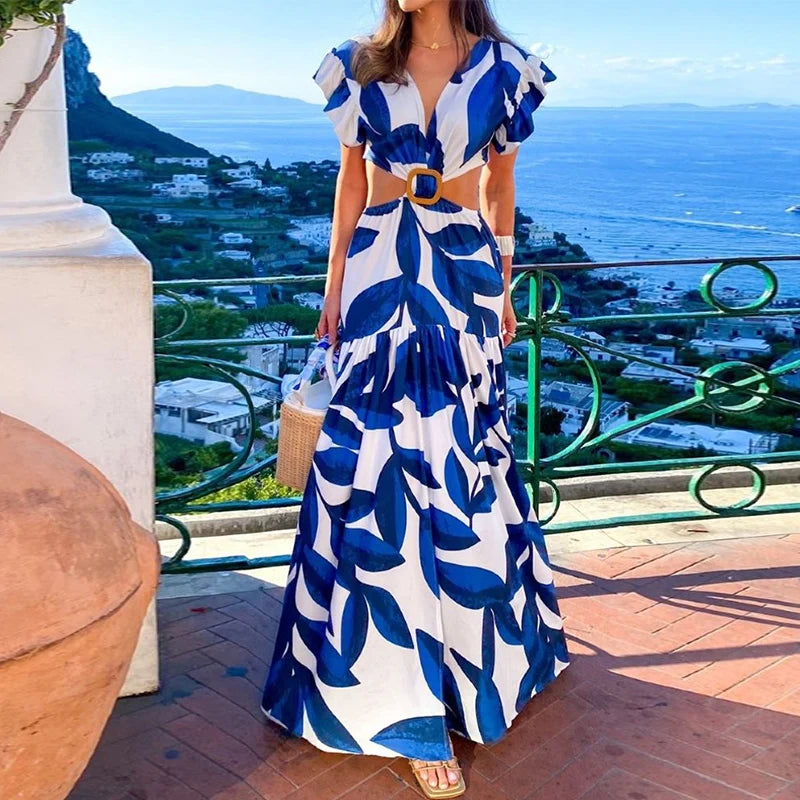 Chic Maxi Dress: Blue Leaf Print for Summer Elegance