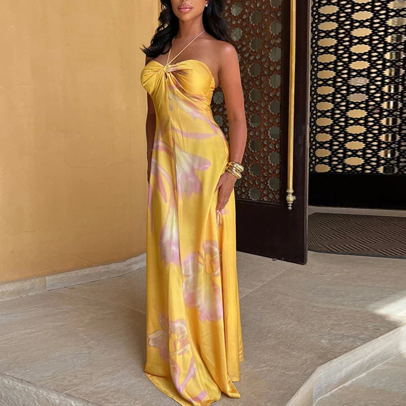 Chic Yellow Floral Maxi Dress with Knot Detail