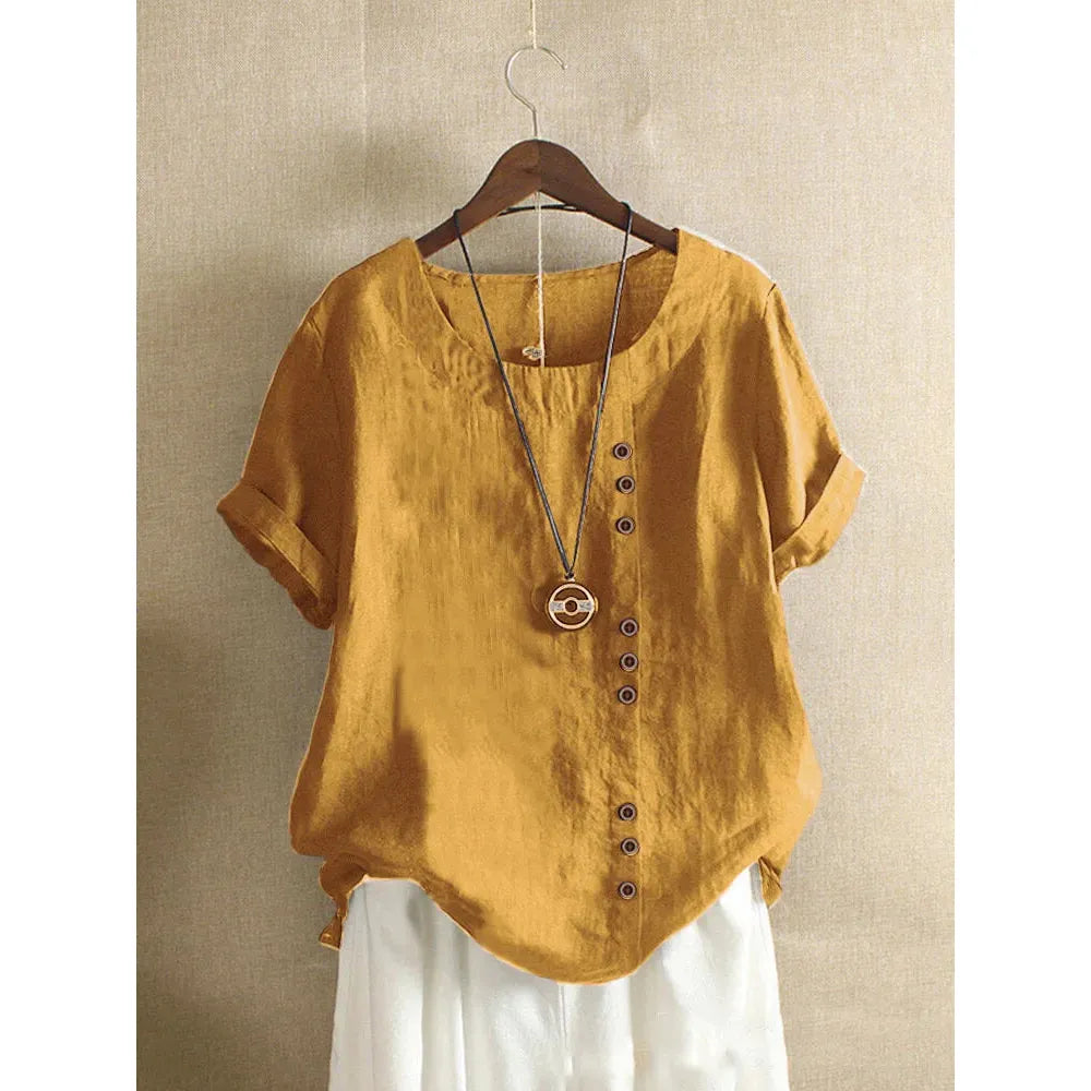 Women's Casual Summer Cotton Linen Loose Fit Blouse with Short Sleeves