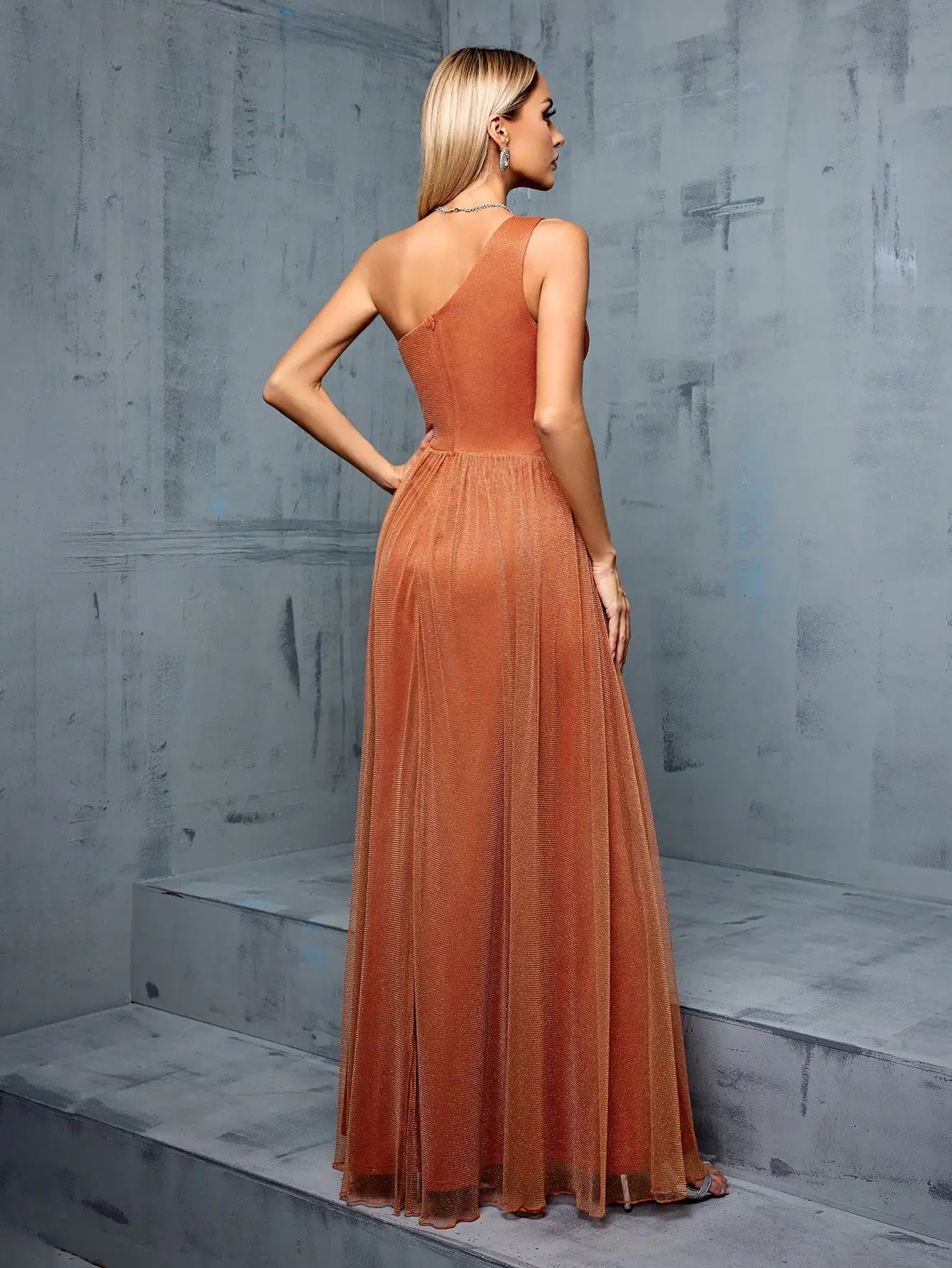 Beautiful One-Shoulder Shimmering Rust Evening Gown