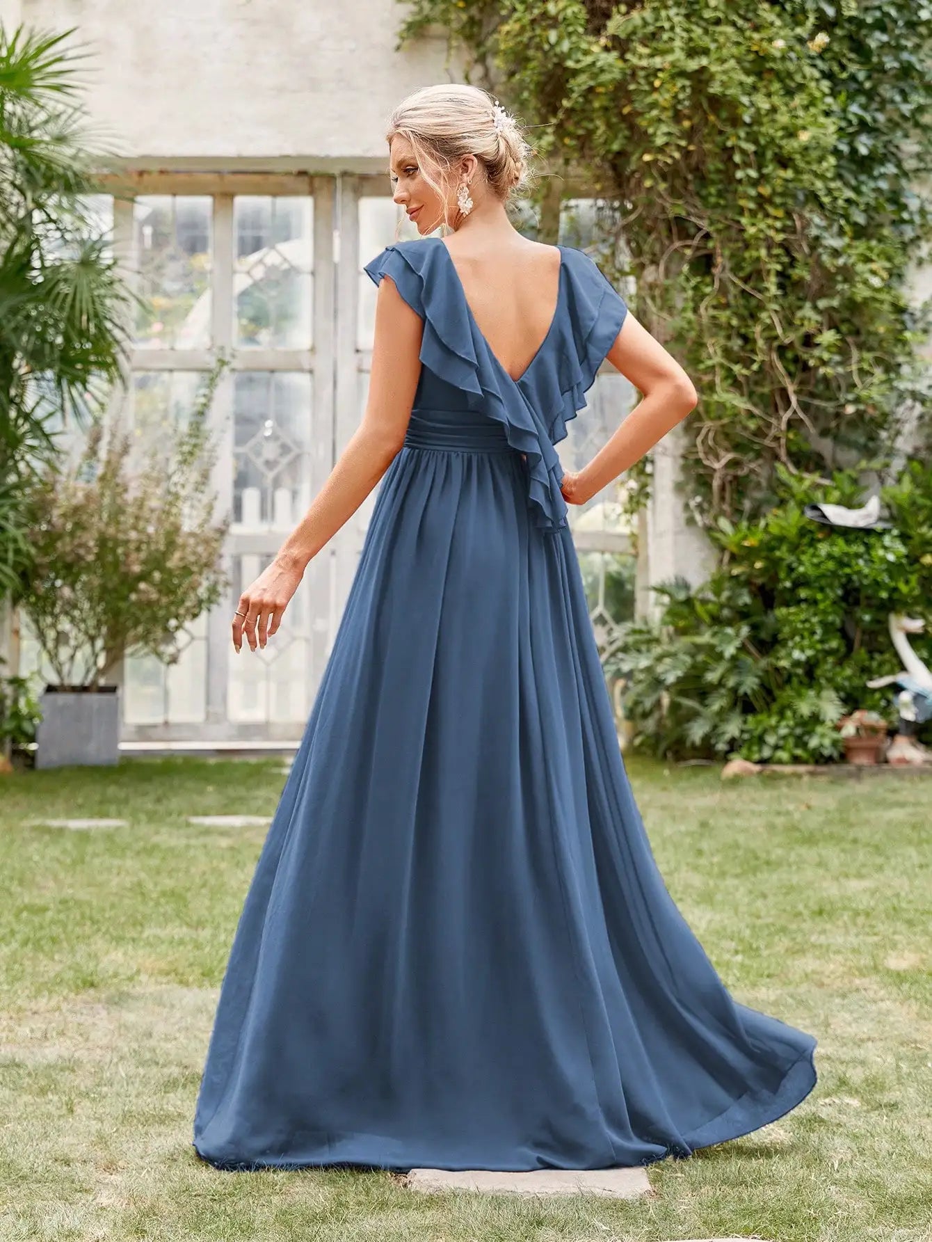 Elegant Deep Blue V-Neck Gown with Flutter Sleeves