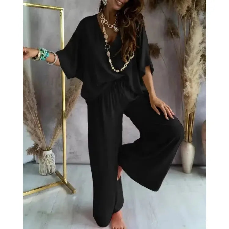 V neck Bat Sleeve Casual Loose Wide-leg Pants 2 piece