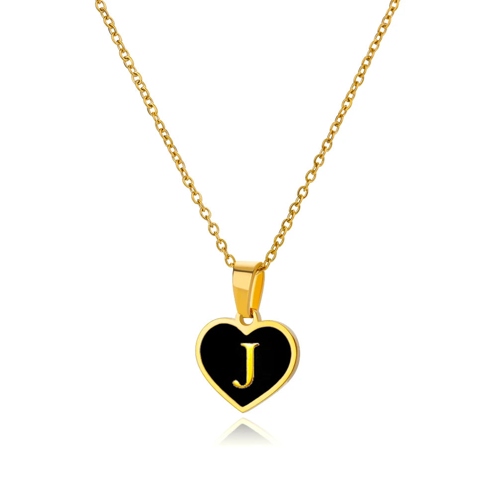 Vintage Black Heart Initial Letter Necklace