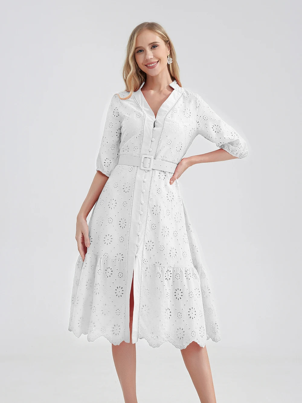 Elegant Pink Eyelet Dress with Belted Waist