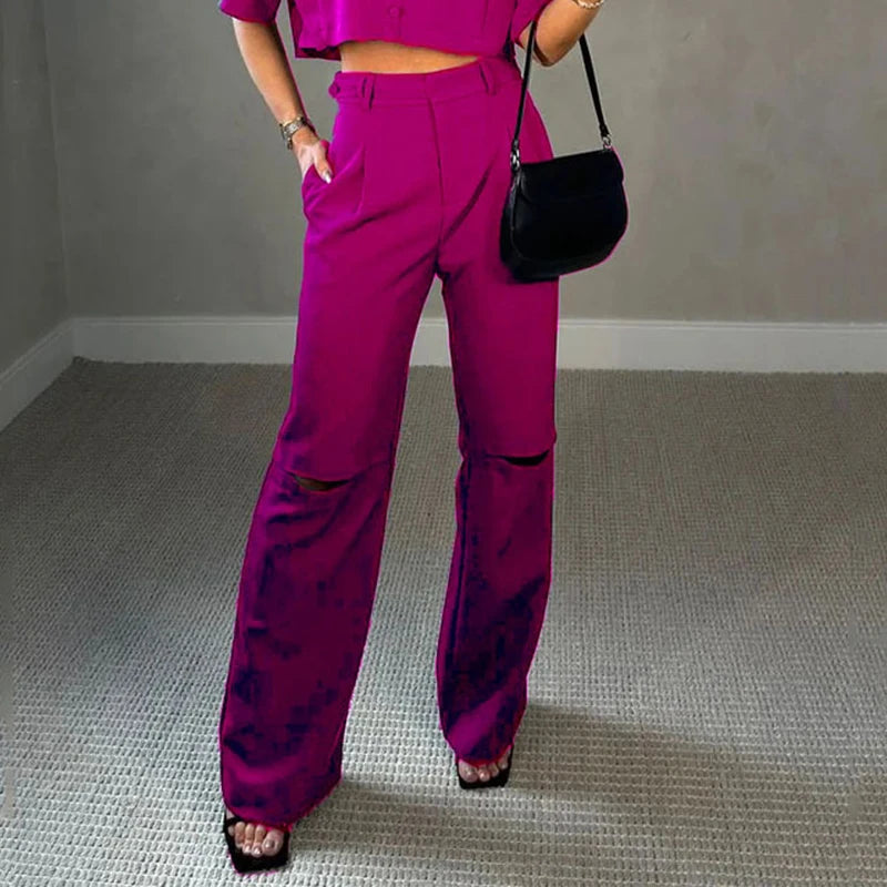Bold Magenta Ensemble: Cropped Top and High-Waisted Trousers