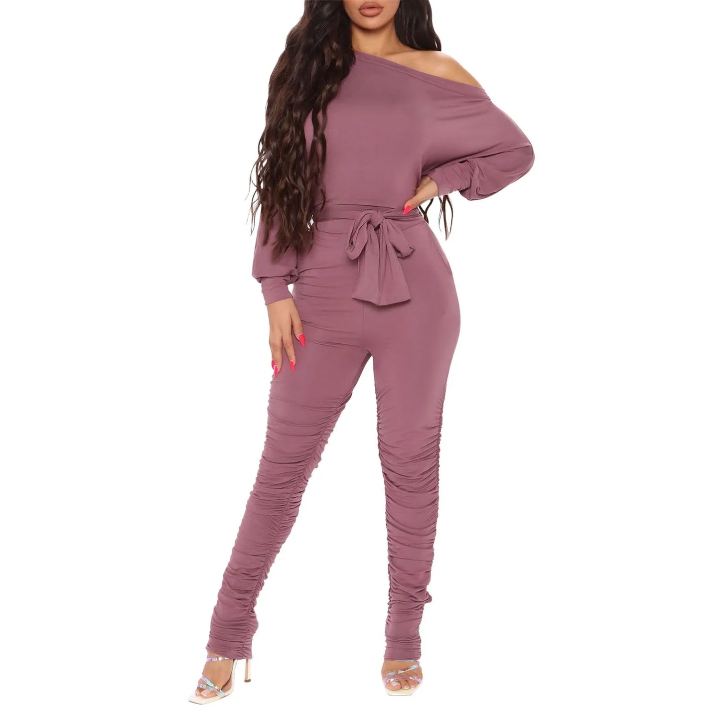 Bold & Beautiful: Chic Off-Shoulder Jumpsuit in Soft Mauve