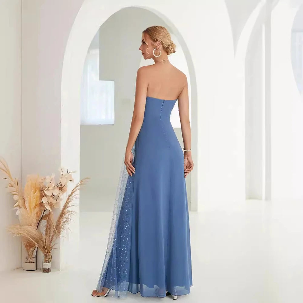 Enchanting Strapless Blue Gown with Embellished Overlay