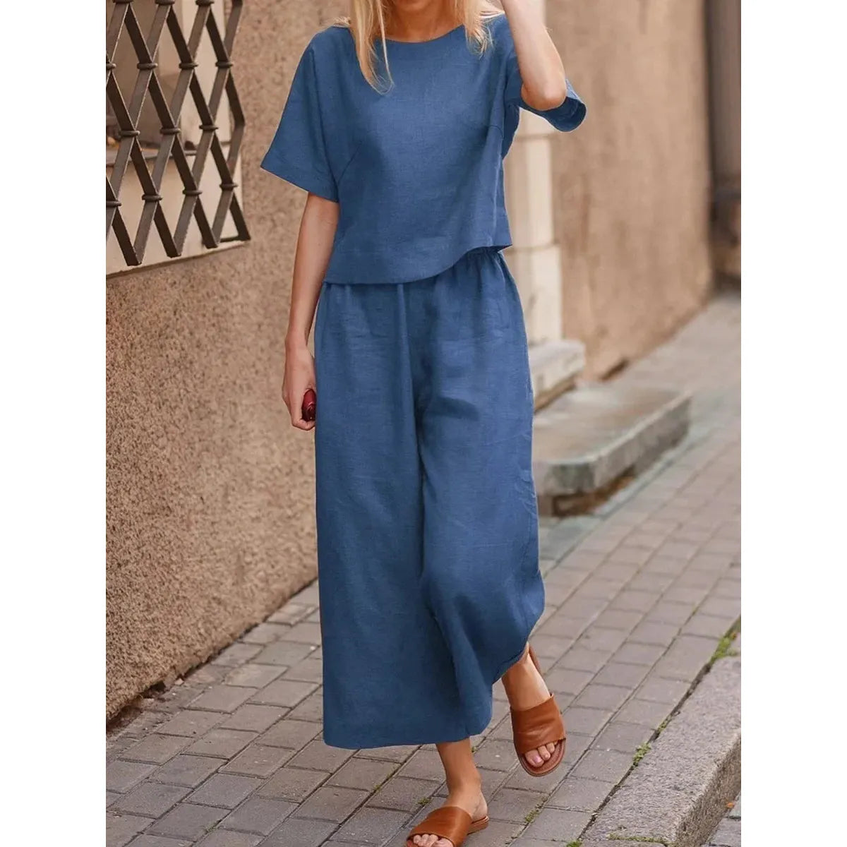 2025 Short Sleeve Shirt Top Wide Leg Pants Two Piece Set