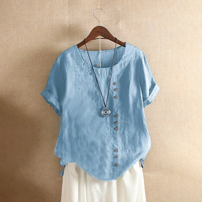 Women's Casual Summer Cotton Linen Loose Fit Blouse with Short Sleeves