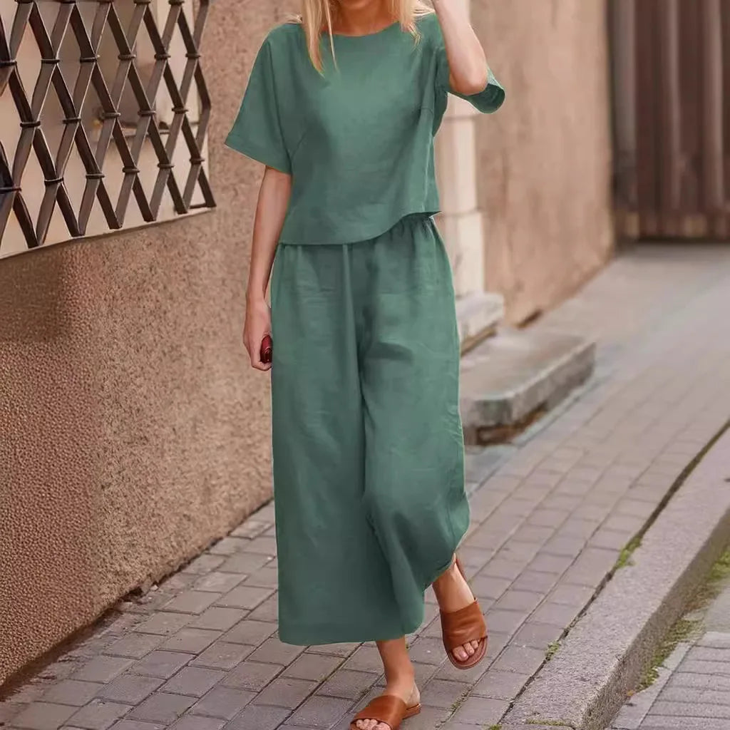 2025 Short Sleeve Shirt Top Wide Leg Pants Two Piece Set