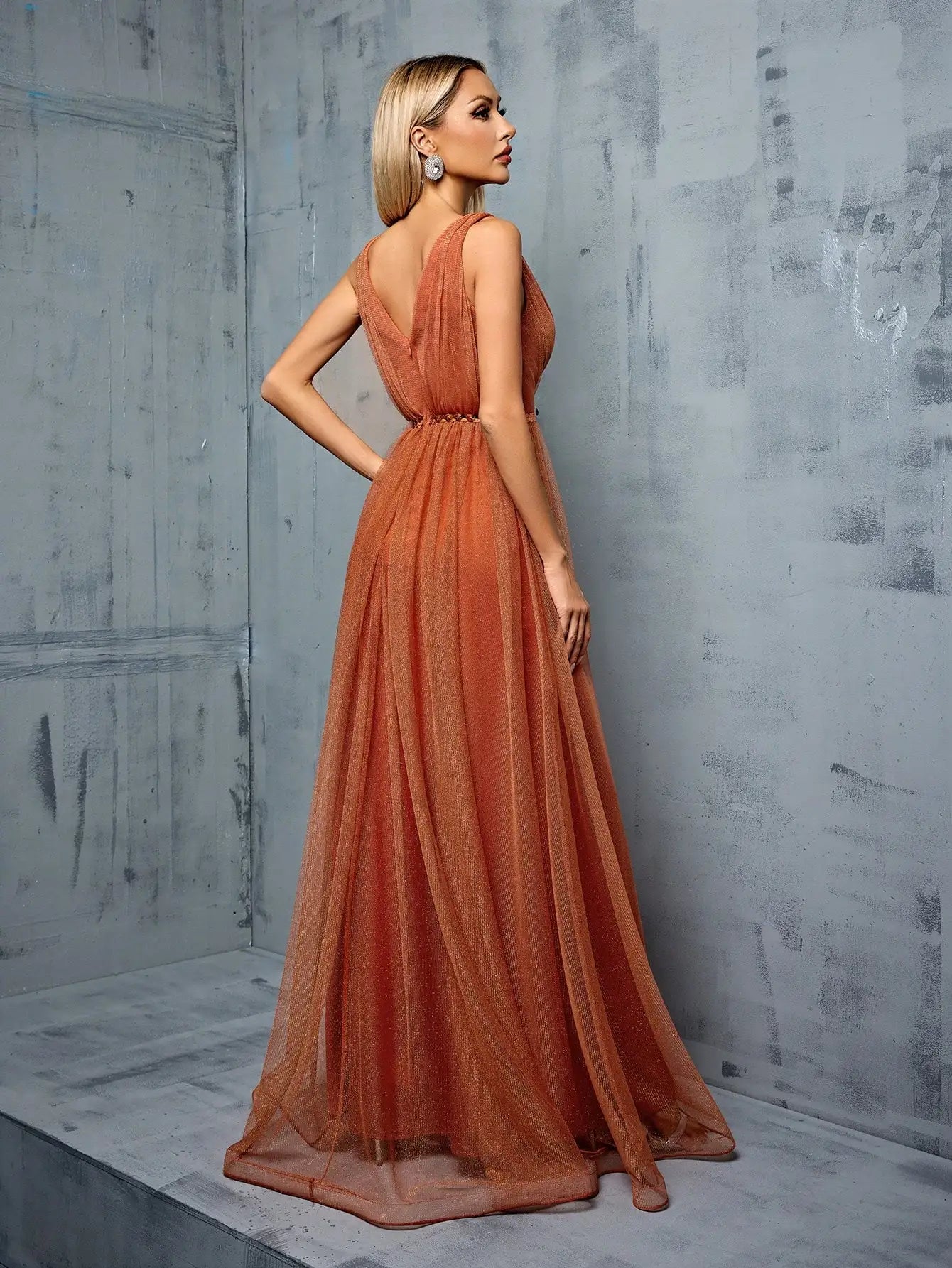 Elegant Deep V-Neck Shimmering Rust Dress