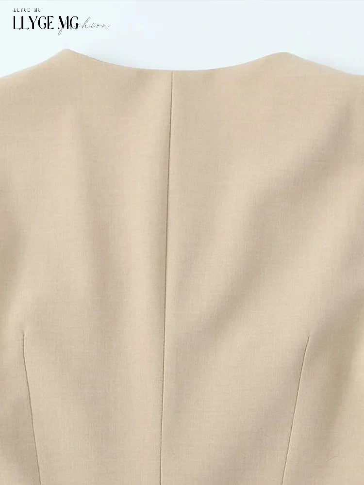 Chic Beige Vest Dress with Pleated Skirt