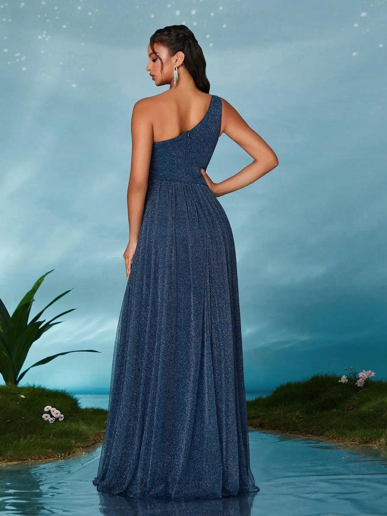 Beautiful One-Shoulder Shimmering Rust Evening Gown