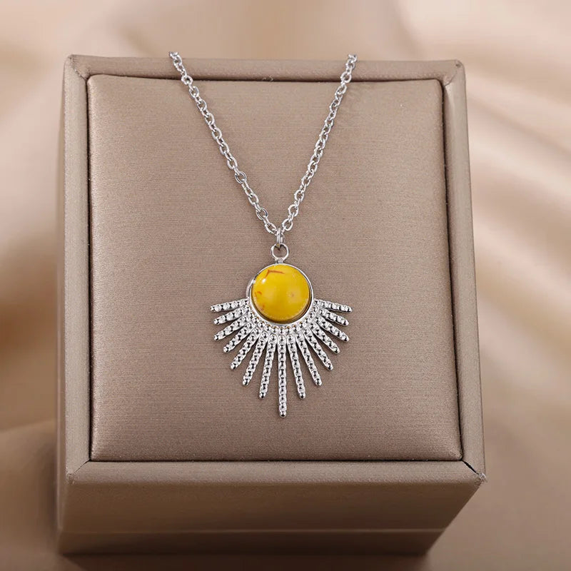Vintage Resin Stone Sun Pendant Necklaces