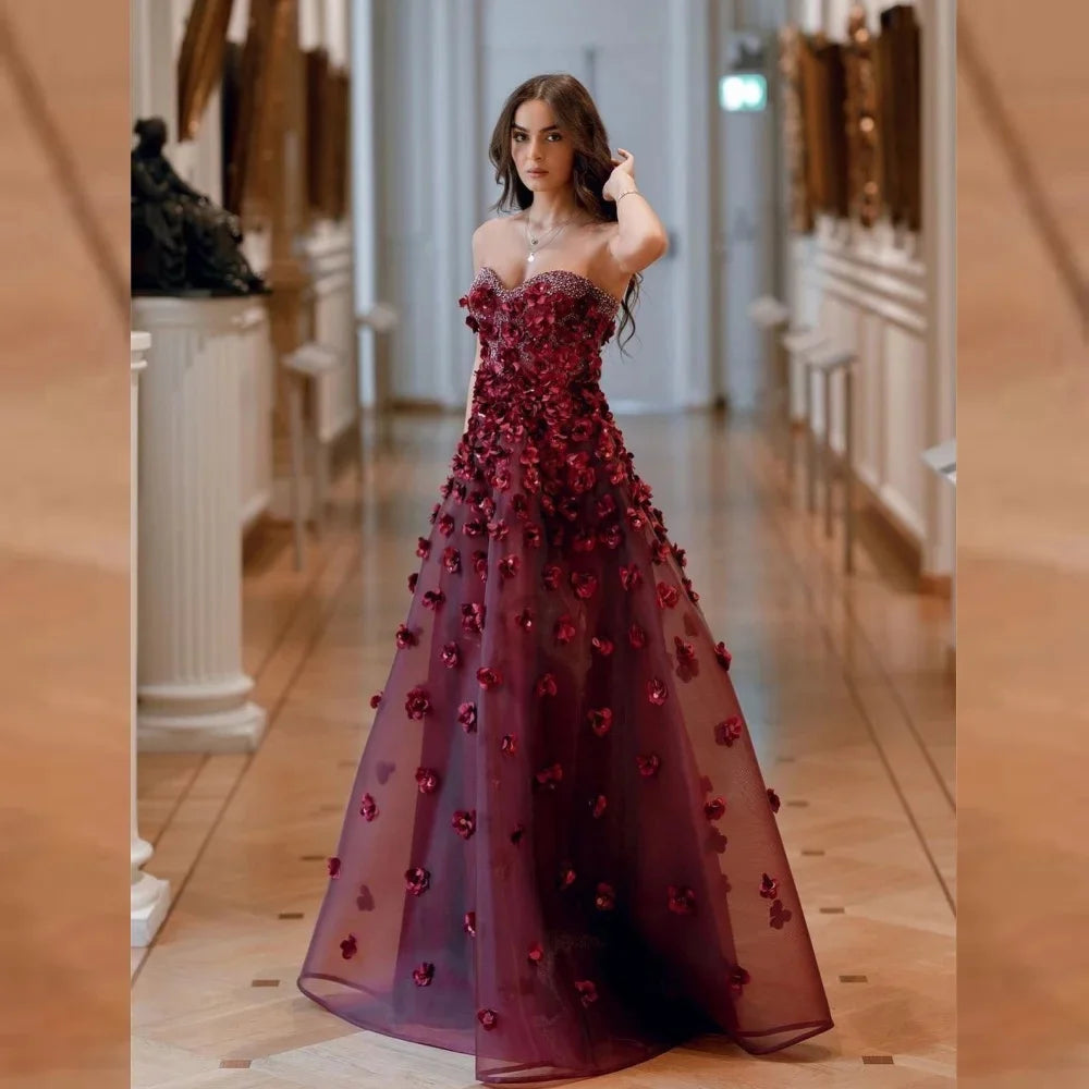 Beautiful Burgundy Dressadorned with Floral Embellishments