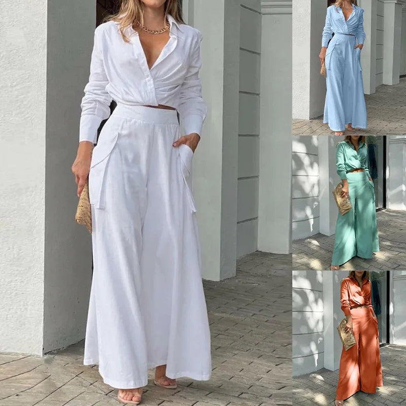 Women Blouse Pants Sets Crop Top Two Pieces Sets