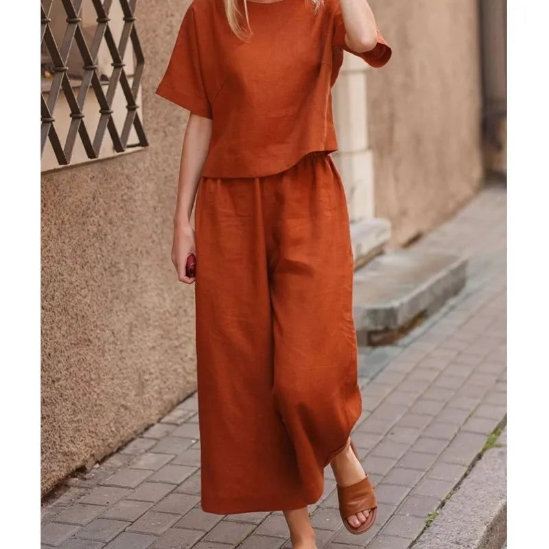 2025 Short Sleeve Shirt Top Wide Leg Pants Two Piece Set