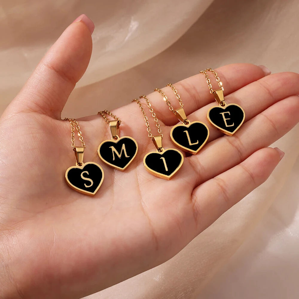 Vintage Black Heart Initial Letter Necklace