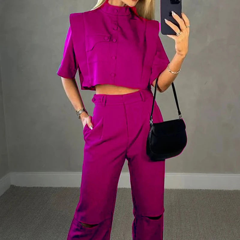 Bold Magenta Ensemble: Cropped Top and High-Waisted Trousers