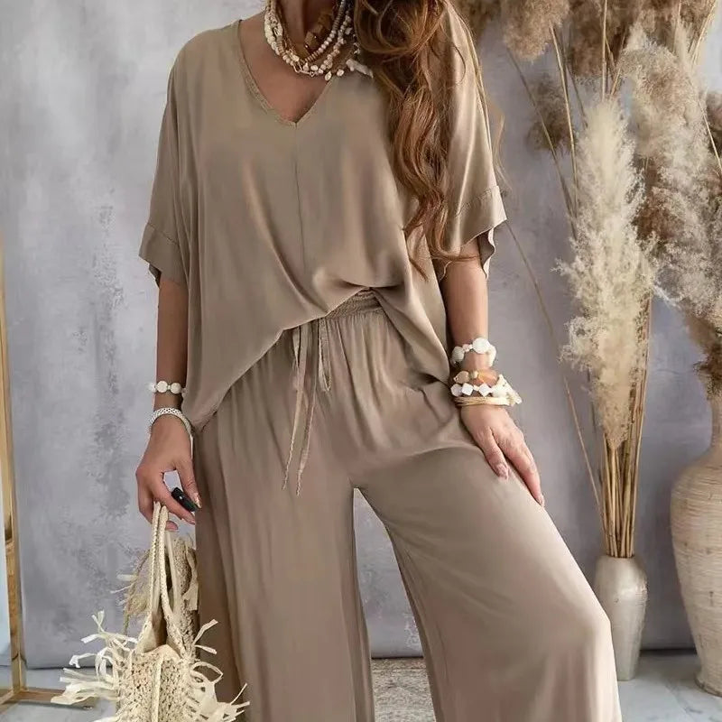 V neck Bat Sleeve Casual Loose Wide-leg Pants 2 piece