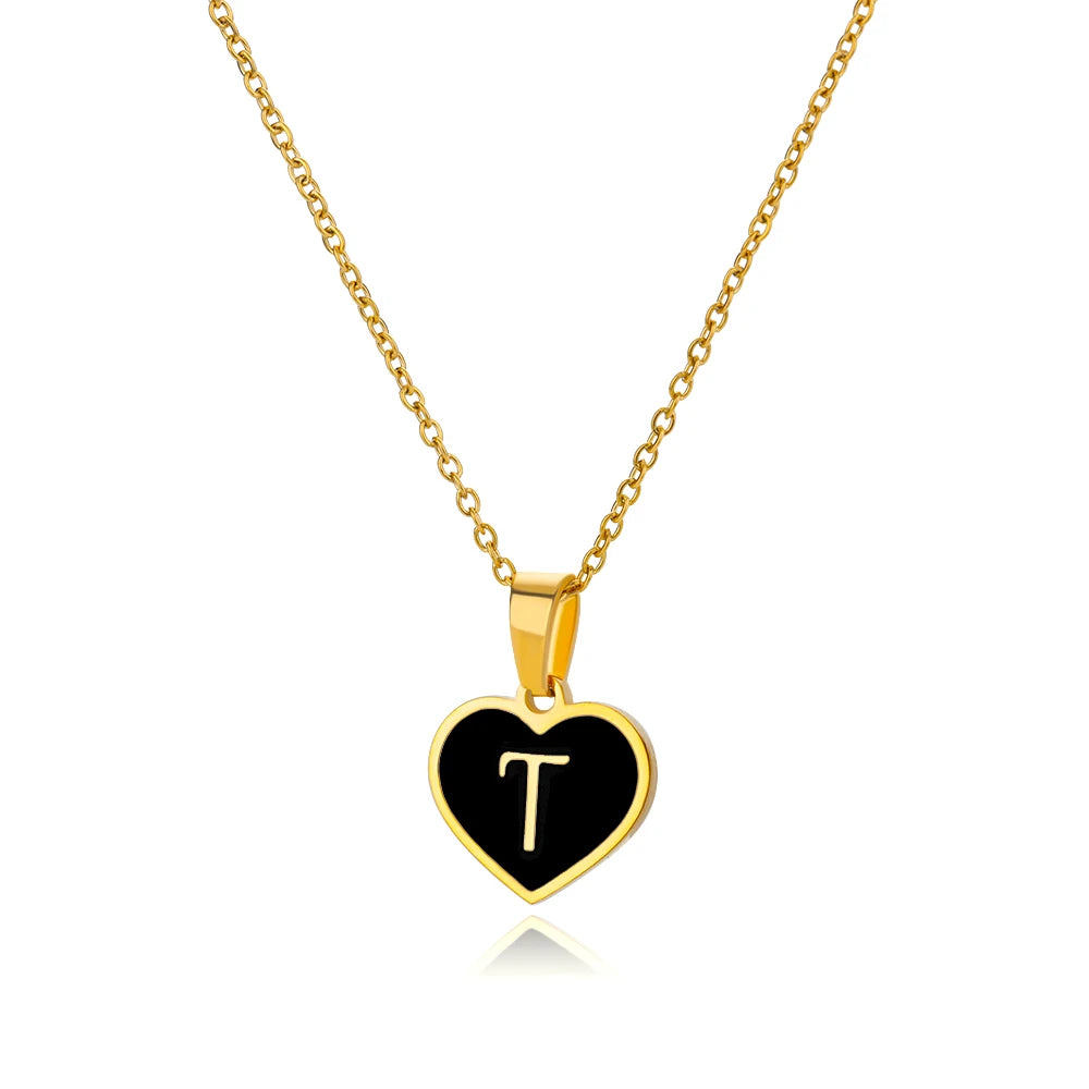 Vintage Black Heart Initial Letter Necklace