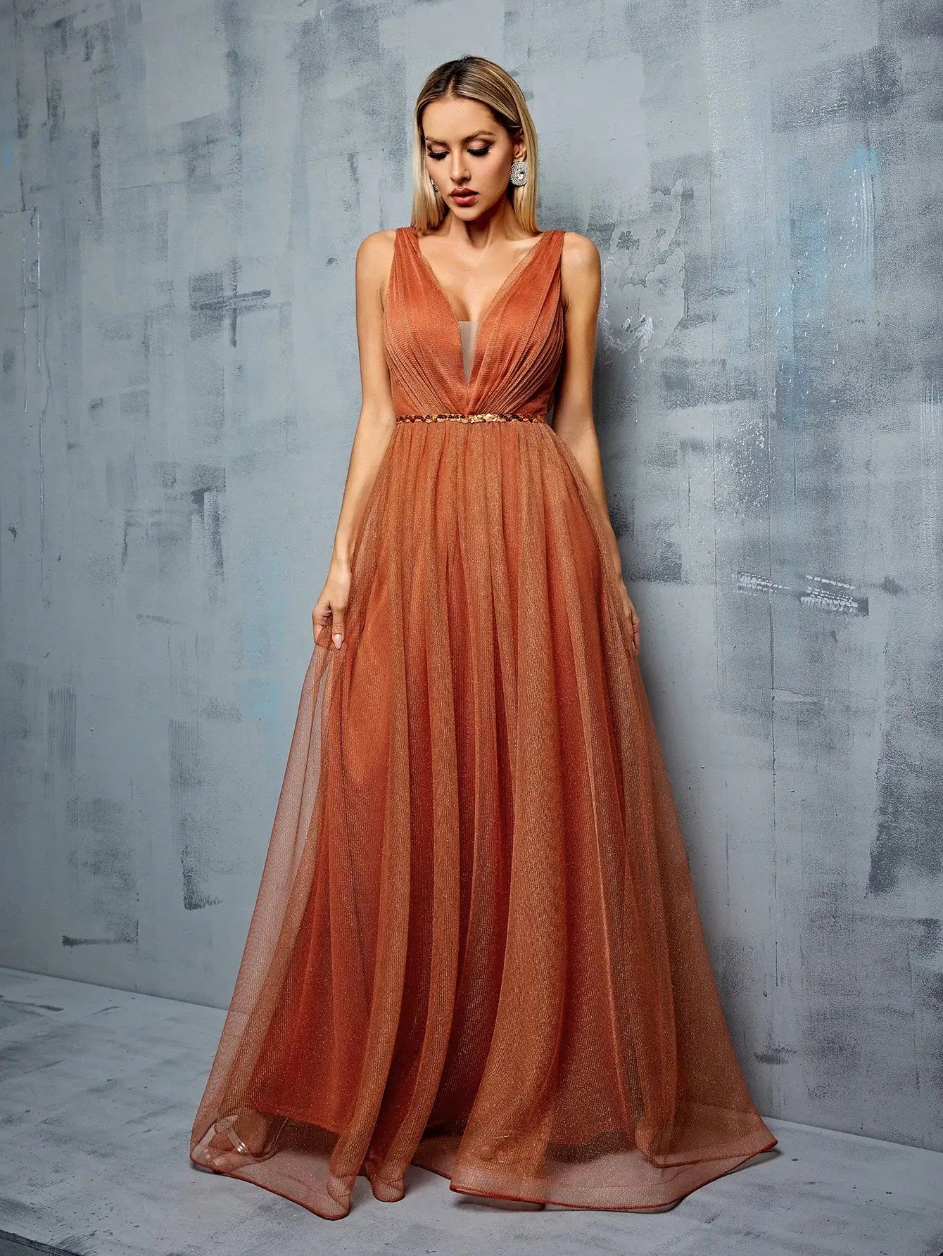 Elegant Deep V-Neck Shimmering Rust Dress