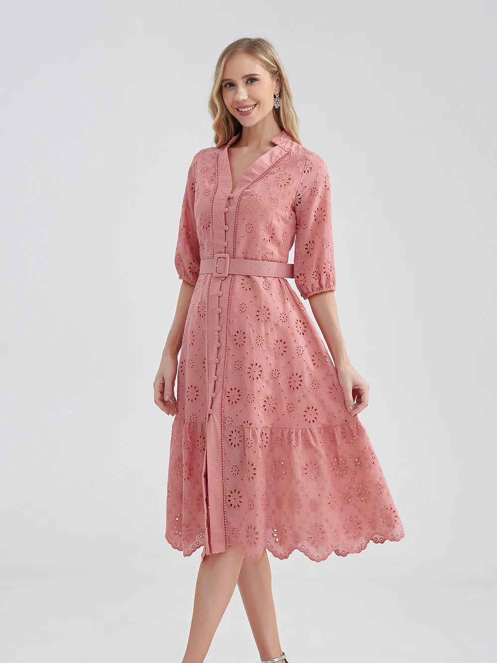Elegant Pink Eyelet Dress with Belted Waist