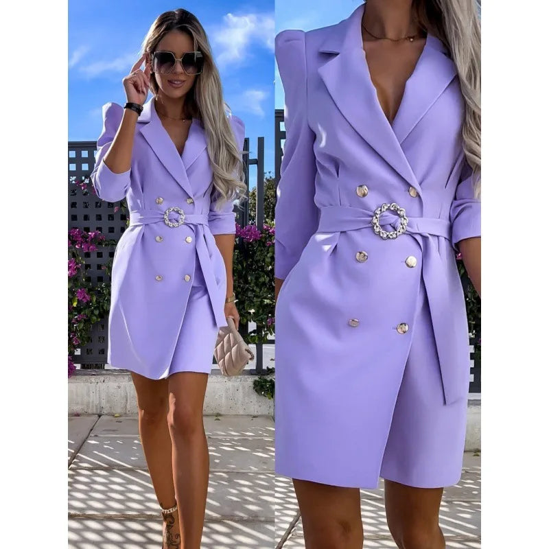 Suit Jacket Dress With Double Breasted Buttons And Belt V-neck