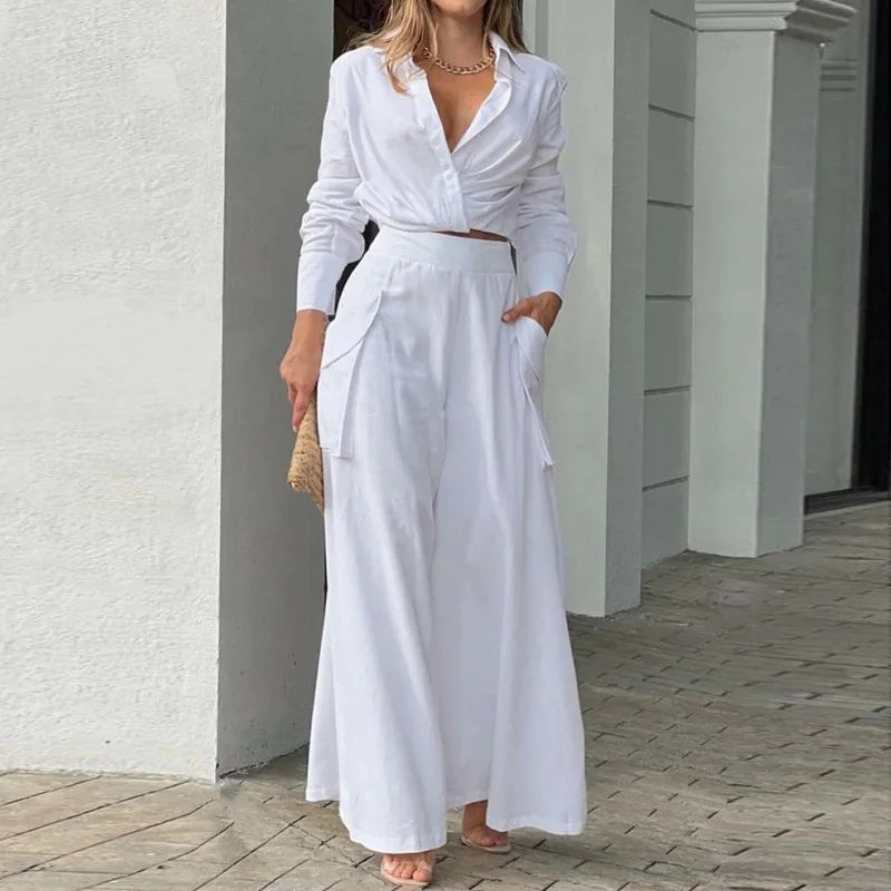 Women Blouse Pants Sets Crop Top Two Pieces Sets
