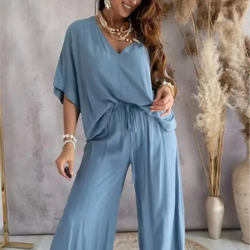 V neck Bat Sleeve Casual Loose Wide-leg Pants 2 piece