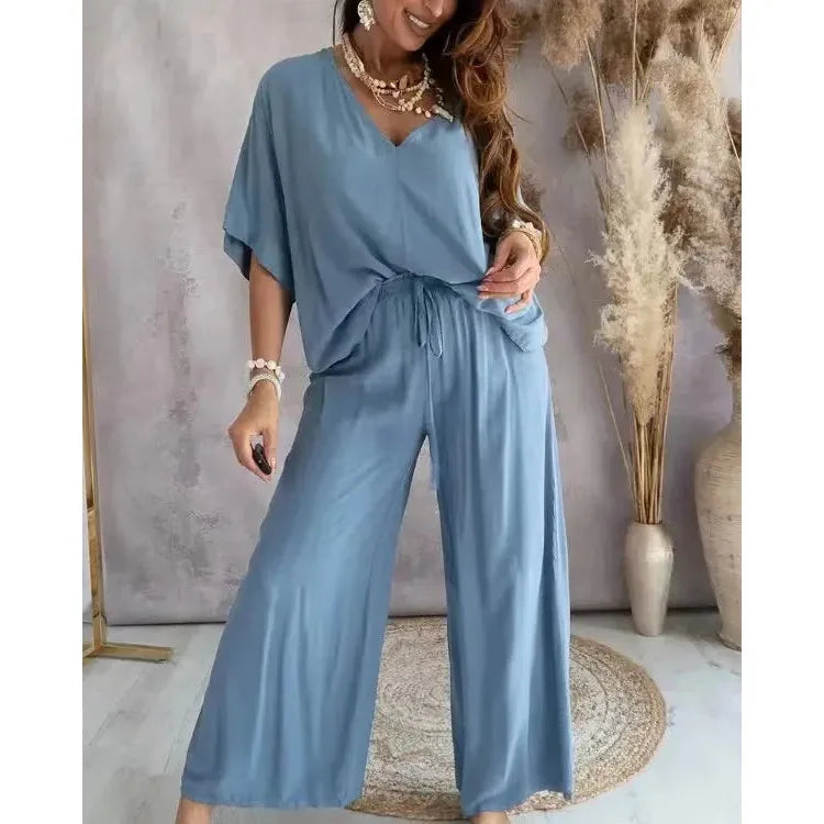 V neck Bat Sleeve Casual Loose Wide-leg Pants 2 piece
