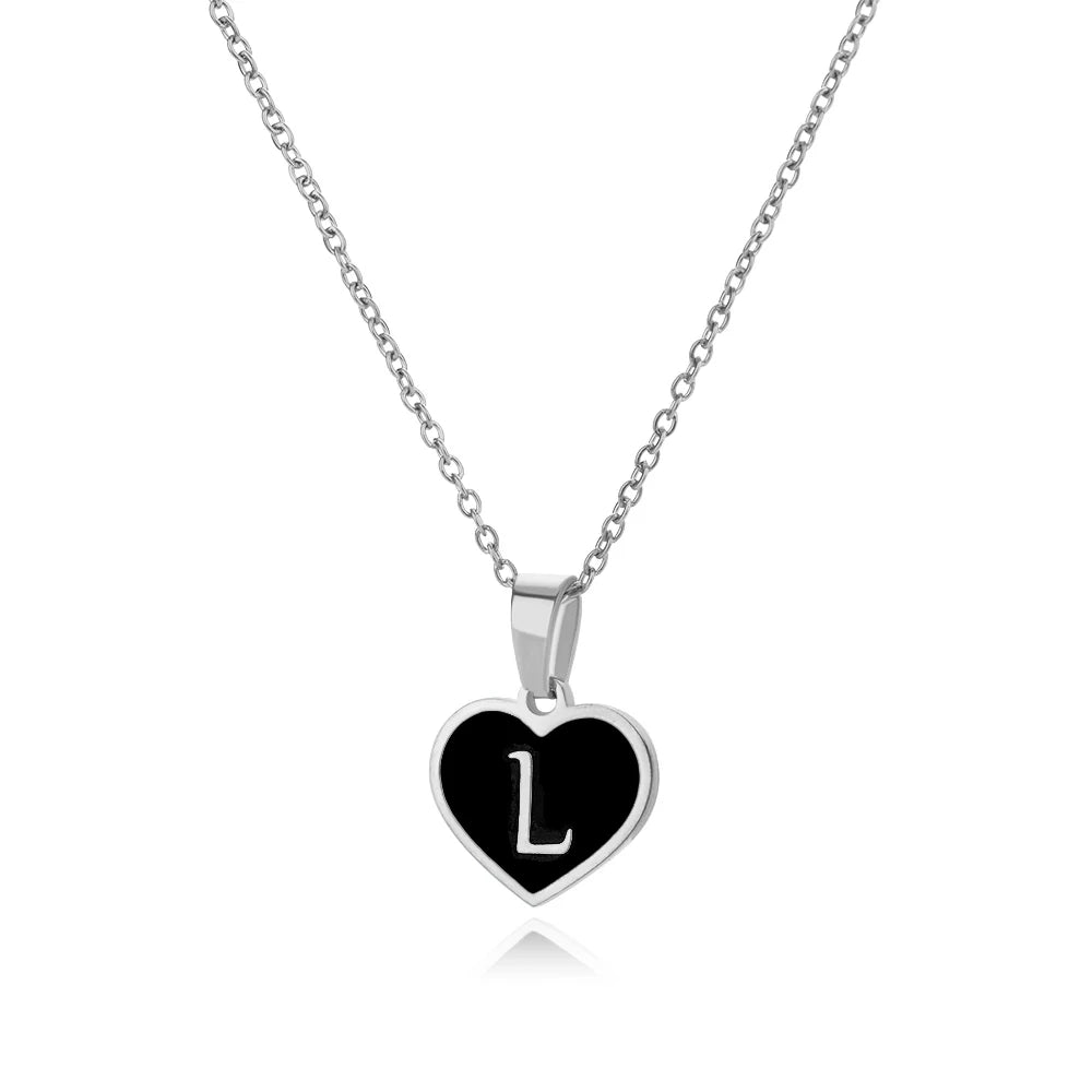 Vintage Black Heart Initial Letter Necklace