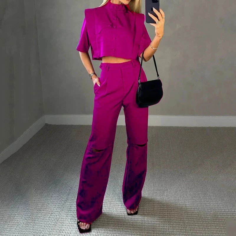 Bold Magenta Ensemble: Cropped Top and High-Waisted Trousers