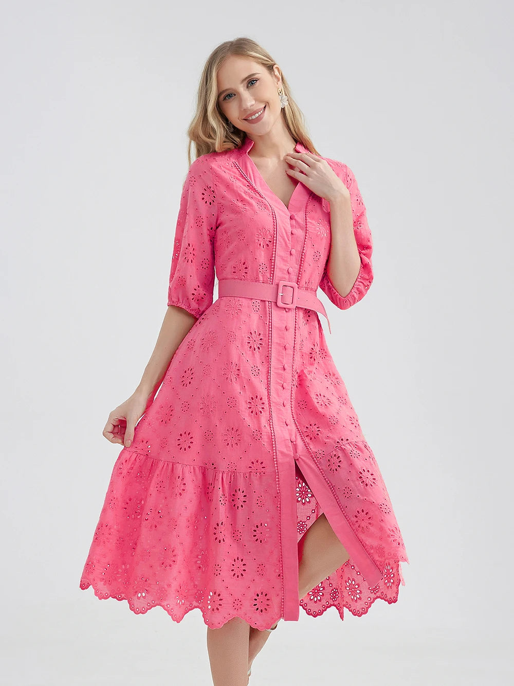 Elegant Pink Eyelet Dress with Belted Waist