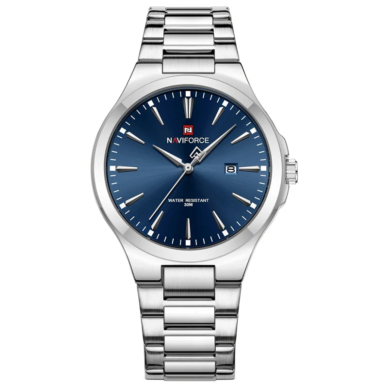 Men's Stainless Steel Watch with Blue Dial and Date Display