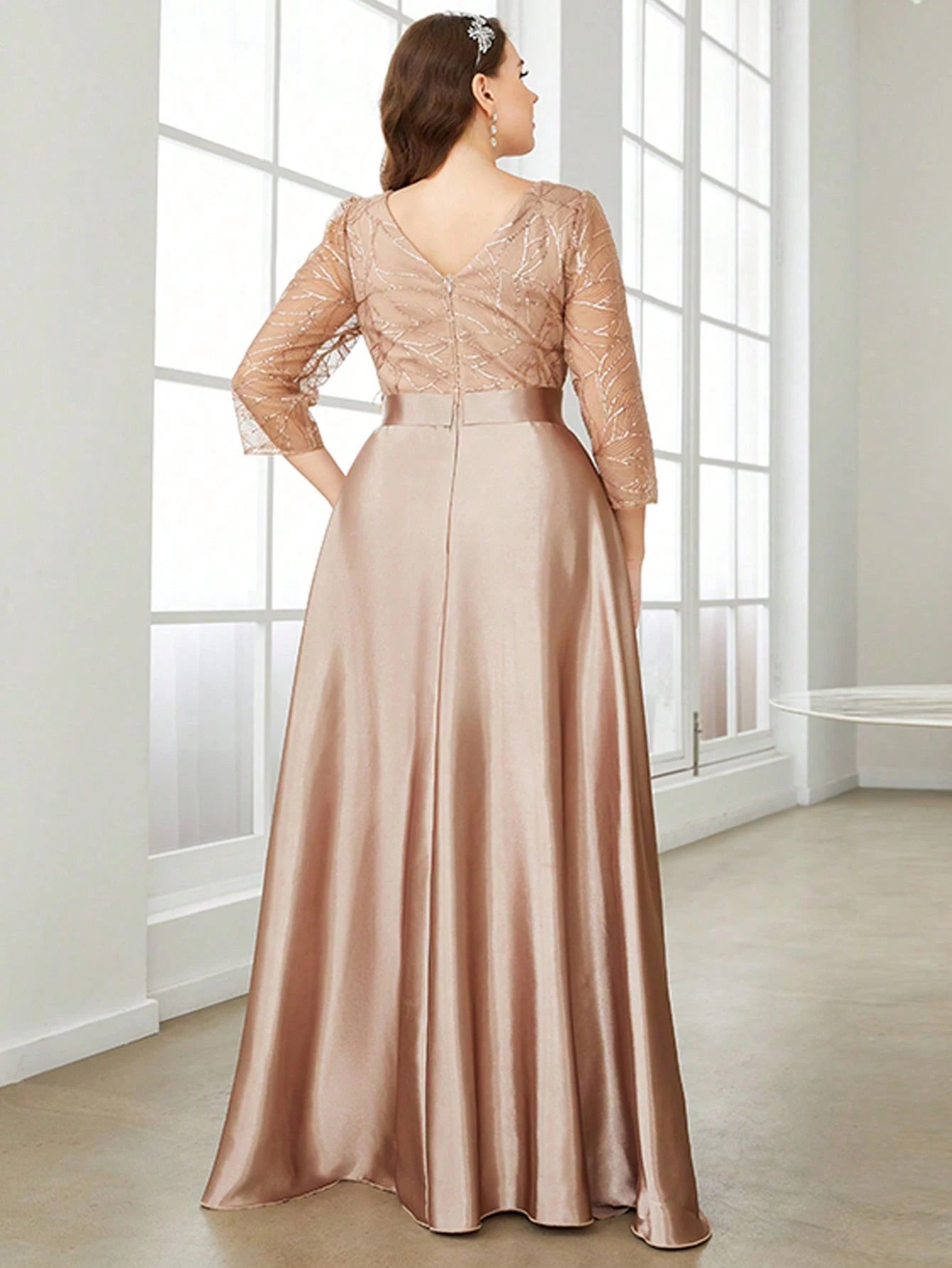 Elegant Lace and Satin Gown with Three-Quarter Sleeves