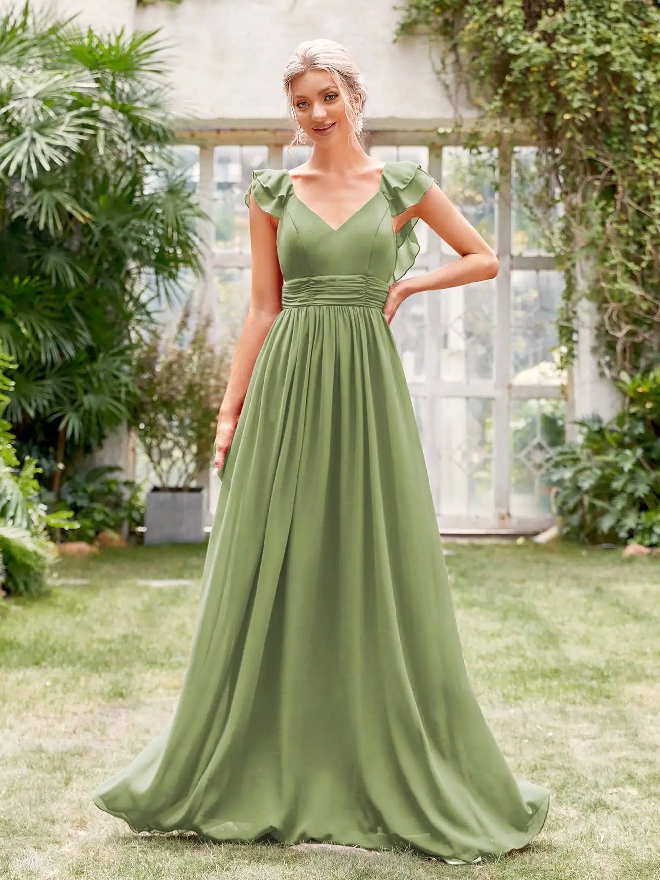 Elegant Deep Blue V-Neck Gown with Flutter Sleeves