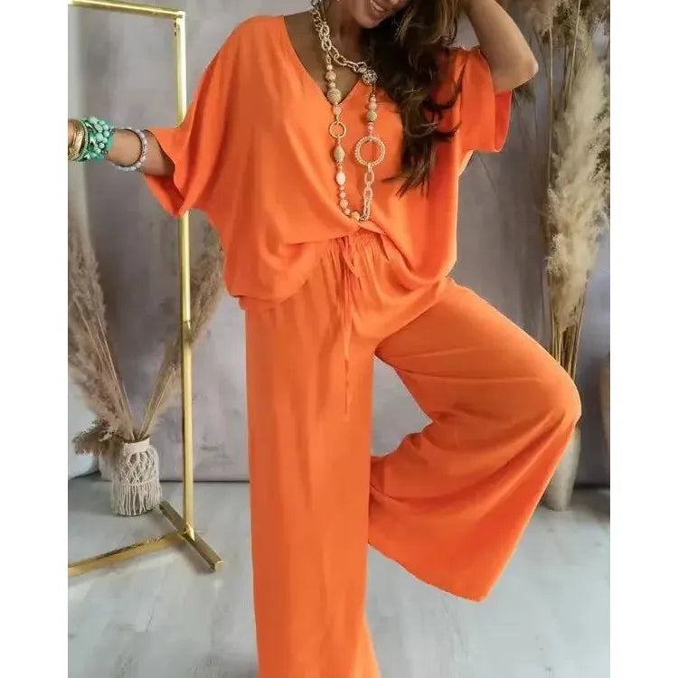 V neck Bat Sleeve Casual Loose Wide-leg Pants 2 piece